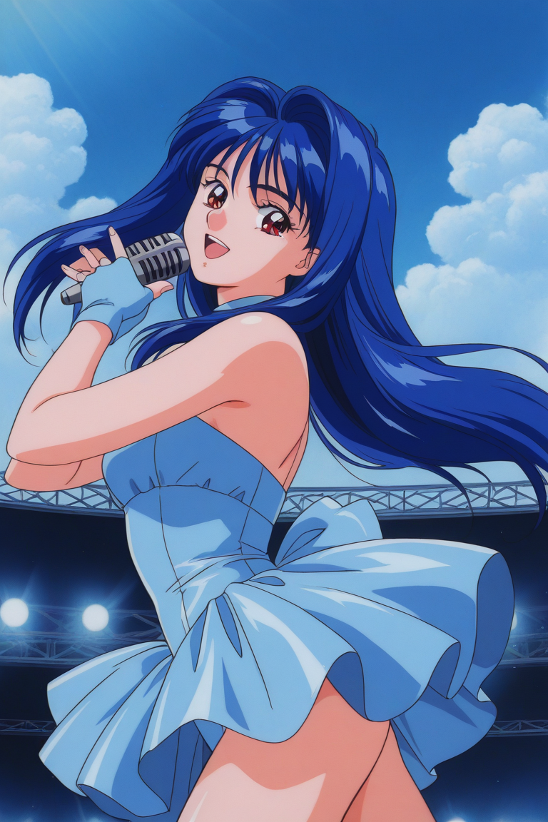 masterpiece, best quality, source_anime,official art,perfect_anatomy,1990s_\(style\),retro_artstyle, fancy_lala,1girl,blue hair,long hair,bare shoulders ,Stage costume, Hold microphone ,fingerless gloves,(beautiful detailed face,looking_at_viewer,smile,open mouth,), singing ,dancing,open arms,cowboy shot,close to viewer,hip,from side,day,blue_sky,cloud