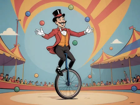cartoon illustration, juggler on a unicycle in the circus ring  ,   vivid colors, flat colors    <lora:extremely_detailed:-1> <lora:Cartoon_SDXL_V2-fixed:0.8>cartoon