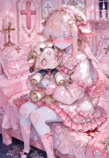 (cutecore, kawaiicore) 1girl, pale skin, porcelain white skin, sheep girl, white floppy lamb ears, white sheep tail, long hair, flowy hair, tousled hair, parted bangs, wavy sidelocks, warm white hair, big eyes, narrowed eyes, pink eyes, cross shaped pupils, white colored eyelashes, blush, full face blush, dot mouth, forehead tattoo, red bloody cross forehead tattoo, holding stuffed animal, white lamb stuffed animal, (holding white lamb stuffed animal), (fashion, bloodstained clothes), white collared puffy dress, white frilled sailor collar, (white lining on frilled sailor collar), white oversized puffy short sleeves, ribbon-trimmed sleeves, pastel pink ribbon trim, (pastel pink bows attached to white sleeves), buttons, gold small cross-shaped buttons, bows, multiple bows, too many bows, frilled bows, light pink bows, white bows, hair ribbons, white frilled headband, cross hair ornament, gilded dainty jewelry, gold cross earrings, white lace choker, pastel pink neck ribbon, crucifix, gold crucifix pendant, white kneehighs, black mary janes shoes, chunky soles, (detailed scenery, detailed background : 1.1), (morute, pastel color palette), indoors, white girly bedroom, sitting on a white chair, in front of a cozy bed, near porcelain white vanity covered in religious statues and candles, white and pale pink theme, frilled pillows, girly stuffed toys, stuffed sheep, bed, blood-stained sheets, blankets, bookshelves, nightstand, crosses, crucifixes, porcelain dolls, candles, blood)
