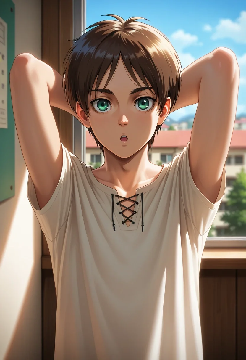 masterpiece, best quality, intricate details, (realistic:0.6), looking at viewer, depth of field, 1boy, solo, male focus, <lora:eren_yeager_ilxl:0.74>, eren_yeager, brown hair, green eyes, focused, apartment, day, sunny, arms behind head, :o,