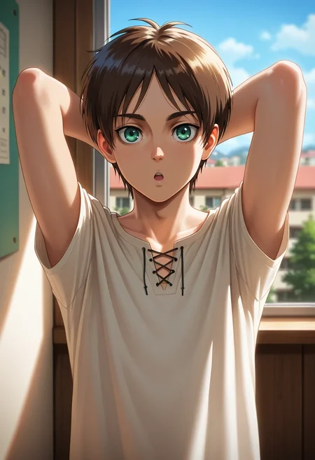 masterpiece, best quality, intricate details, (realistic:0.6), looking at viewer, depth of field, 1boy, solo, male focus, <lora:eren_yeager_ilxl:0.74>, eren_yeager, brown hair, green eyes, focused, apartment, day, sunny, arms behind head, :o,