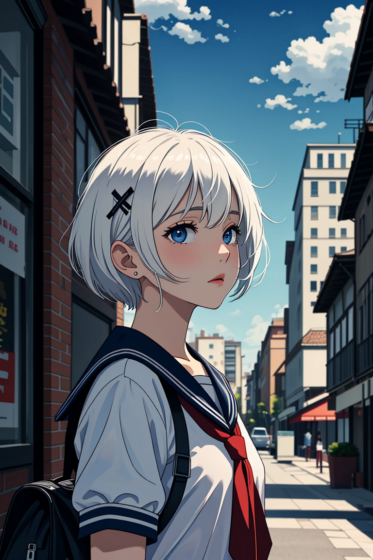1girl, short hair, (white hair:1.2), x hair ornament, blue eyes, 
outdoors, detailed background, city, 
neckerchief, 
serafuku, 
 <lora:SiestaV1.0-000001:1> siesta diad,, <lora:LCM_LoRA_Weights_SD15:1>