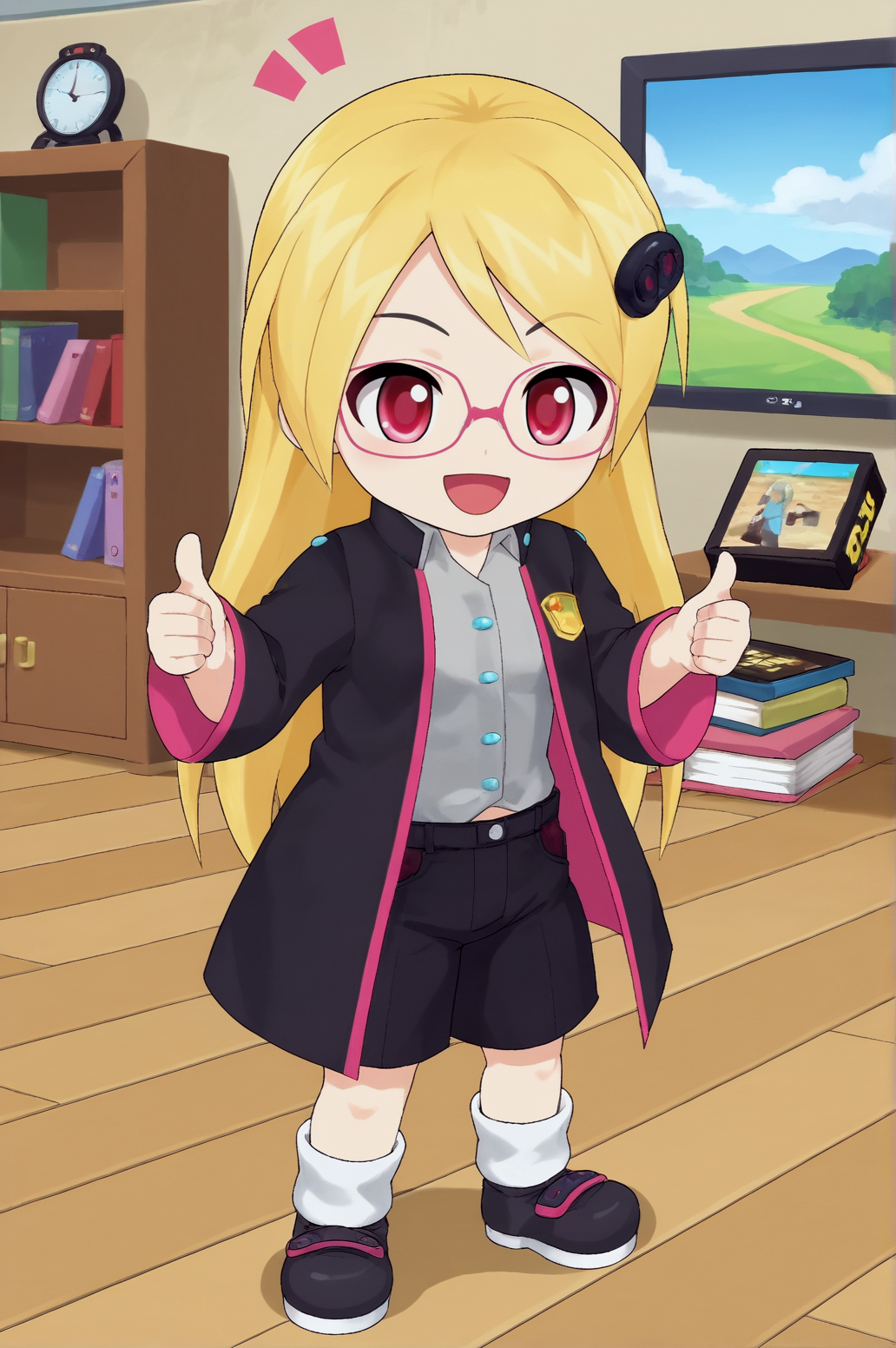 score_9, score_8_up, score_7_up,anime_source, source_anime, best background, detailed background, anime screencap,  Megadrive, 1girl, book, chibi, solo, game console, thumbs up, happy, dynamic camera, dynamic angle, dynamic pose,  indoors,  <lora:JN_Megadrive:0.8>