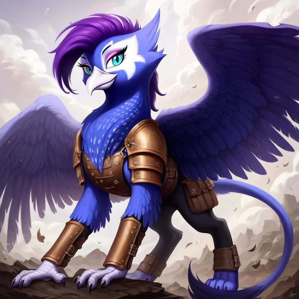 masterpiece, score_9_up, score_8_up, score_7_up, score_6_up, (best quality:1.1), ultra-detailed, high resolution, solo, Anna de Indigo, from Equestria at War, griffon, avian, female, indigo purple mane, (beautiful detailed turquoise eyes), long eyelashes, eyeshadow, white beak, blue indigo feathers, raised tail, wings, detailed facial features, full body, standing on a hill overlooking a battlefield, intense expression, (armor-clad), wings slightly spread, smoke in the background, dramatic lighting, stormy sky, epic atmosphere, sharp focus, highly detailed clouds and terrain, sharp focus, anatomically correct, detailed background
