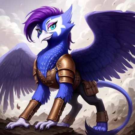 masterpiece, score_9_up, score_8_up, score_7_up, score_6_up, (best quality:1.1), ultra-detailed, high resolution, solo, Anna de Indigo, from Equestria at War, griffon, avian, female, indigo purple mane, (beautiful detailed turquoise eyes), long eyelashes, eyeshadow, white beak, blue indigo feathers, raised tail, wings, detailed facial features, full body, standing on a hill overlooking a battlefield, intense expression, (armor-clad), wings slightly spread, smoke in the background, dramatic lighting, stormy sky, epic atmosphere, sharp focus, highly detailed clouds and terrain, sharp focus, anatomically correct, detailed background