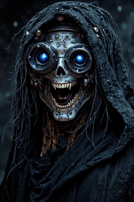 analog film photo Realistic portrait of a sinister, enigmatic figure with a malevolent grin. The figure wears intricately designed, mechanical goggles that emit a cold, blue light, casting an eerie glow on their eyes. The grin reveals sharp, menacing teeth, adding to the figureâs unsettling demeanor. The figure's long, disheveled hair frames their face, and they are draped in a dark, tattered cloak. The background is a deep, shadowy blackness, enhancing the figure's menacing presence. The lighting is dramatic and highlights the gleaming, mechanical details of the goggles, intensifying the overall mood of eerie tension and malevolence. <lora:- Flux1 - vanta_black_V1.0.safetensors:1.0>, <lora:aidmaImageUpgrader-FLUX-V0.1.safetensors:1.0>, detailmaximizer <lora:Dever_Flux_Enhancer.safetensors:1.0>, dev <lora:FluxFantasyKnightsV1.safetensors:1.0>, hkstyle <lora:FluxDFaeTasticDetails.safetensors:0.05>, mythp0rt . faded film, desaturated, 35mm photo, grainy, vignette, vintage, Kodachrome, Lomography, stained, highly detailed, found footage