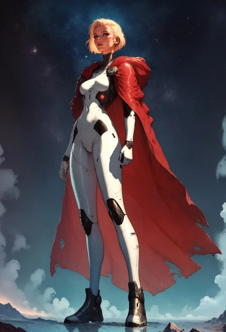 score_9, score_8_up, score_7_up, woman in a white latex suit, galactic queen, solo, full body, standing, legs, against night sky, galactic throne, star sky, galaxy, Star Trek setting, retrofuturism, blonde hair, (very short hair:1.2), high top cut, red cape <lora:pony/twilight_style:0.8> concept art <lora:pony/expressiveh:0.8> expressiveh, <lora:pony/kenva:0.7> <lora:sdxl/sinfully_stylish_sdxl>