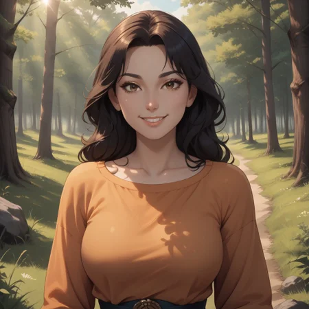 score_9, score_8, BREAK, solo, Black Hair, brown eyes, asian female, adult female, mature female, breasts, sexy pose, self portrait, smile, outdoors, sunlight, shadows, evening lighting, natural lighting, forest, trees, grass, orange sky, sunset
