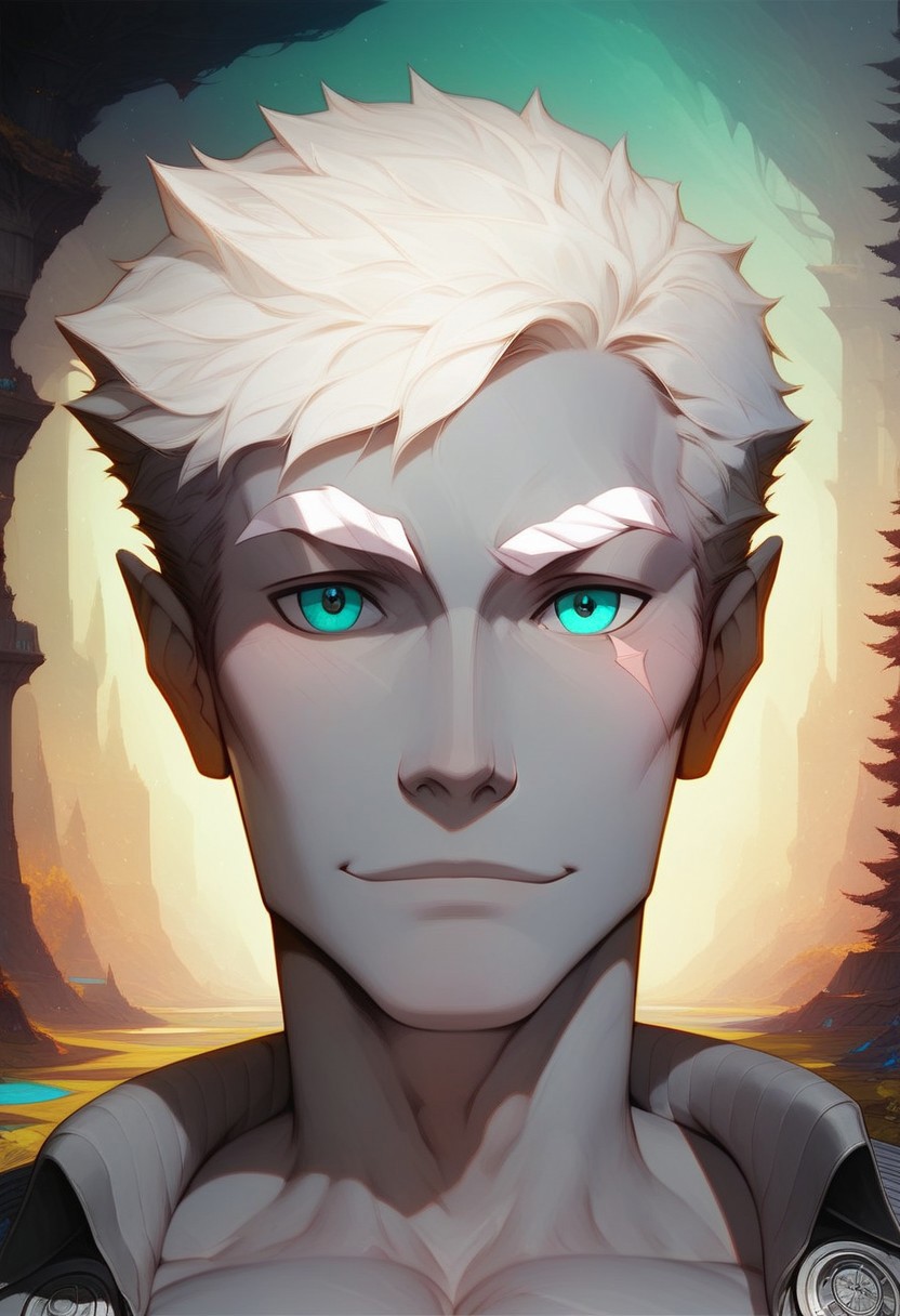 (score_9, score_8_up:1.1), score_7_up, score_9, score_8_up, score_8, score_7_up, dynamic angle, ((full body)), masculine, relaxing, leaning on riverbank, 1boy, solo, sexy, athletic, vox machina style, solo, warlock, fantasy, forest background, (dynamic lighting:1.1) ((masterpiece)), detailed eyes, (((detailed iris))), pupils, perfecteyes, perfect eyes, best quality, ((masterpiece)), sharp cheekbones, gaunt face, defined cheekbones, 28 years old, (adult, mature), hard face, slight smile, ((thin lips)), (half_elf:0.5), dark elf, (((grey skin))), ((((white hair)))), (((short hair))), professional, (legion haircut), (short cut sides), (short bangs), (((white eyebrows))), light eyebrows, ((((pale grey ((((short)))) tipped ears)))), pointed_ears:0.5, ((short pointed ears)), eyebrow scar on left side of face, cheek scar, ((detailed turquoise eyes))