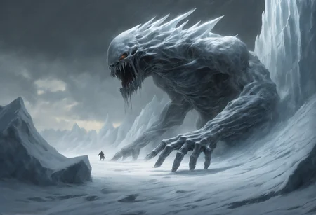The monochromatic painting depicts a colossal, bony hand emerging from an icy abyss. The hand is deformed and adorned with long, sharp claws. The background is dominated by ice and snow, creating a cold and hostile atmosphere. The hand appears to be breaking through the reflective surface of the ice, hinting at a massive creature lurking beneath. (A blizzard rages on, adding to the intensity, while the snowstorm envelops the scene, making the hand's emergence even more dramatic:1.2).
concept art, digital painting, matte painting, megascans, octane rendering, god rays, ray tracing, lumen, high-resolution