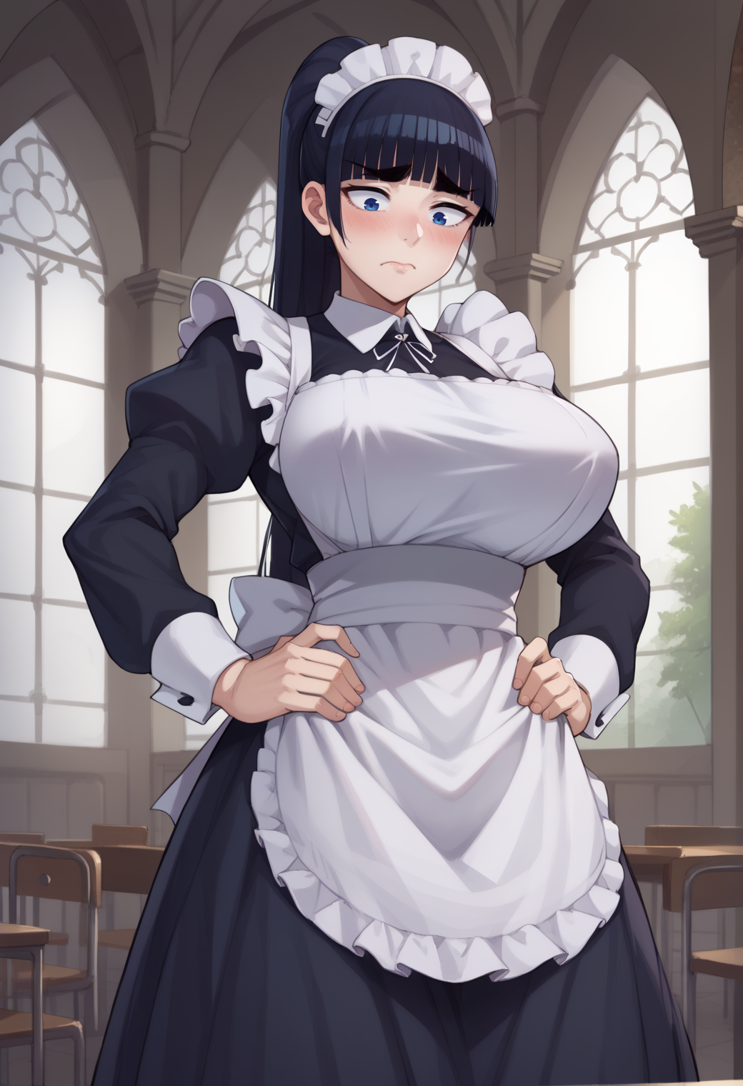 score_9,score_8_up,score_7_up,source_anime BREAK high detail,good hands,perfect hands,<lora:Ebino_Mei_Pony_V1>,ebino mei,long hair,high ponytail,blunt bangs,thick eyebrows,eyebrows visible through hair,blue eyes,1girl,solo,maid,maid apron,maid headdress,tall female,large breasts,hands on own hips,embarrassed,looking down,skirt grab,closed mouth,mansion,indoors