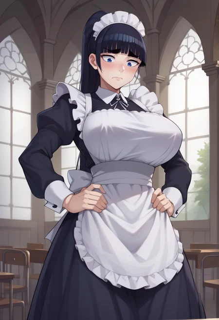 score_9,score_8_up,score_7_up,source_anime BREAK high detail,good hands,perfect hands,<lora:Ebino_Mei_Pony_V1>,ebino mei,long hair,high ponytail,blunt bangs,thick eyebrows,eyebrows visible through hair,blue eyes,1girl,solo,maid,maid apron,maid headdress,tall female,large breasts,hands on own hips,embarrassed,looking down,skirt grab,closed mouth,mansion,indoors