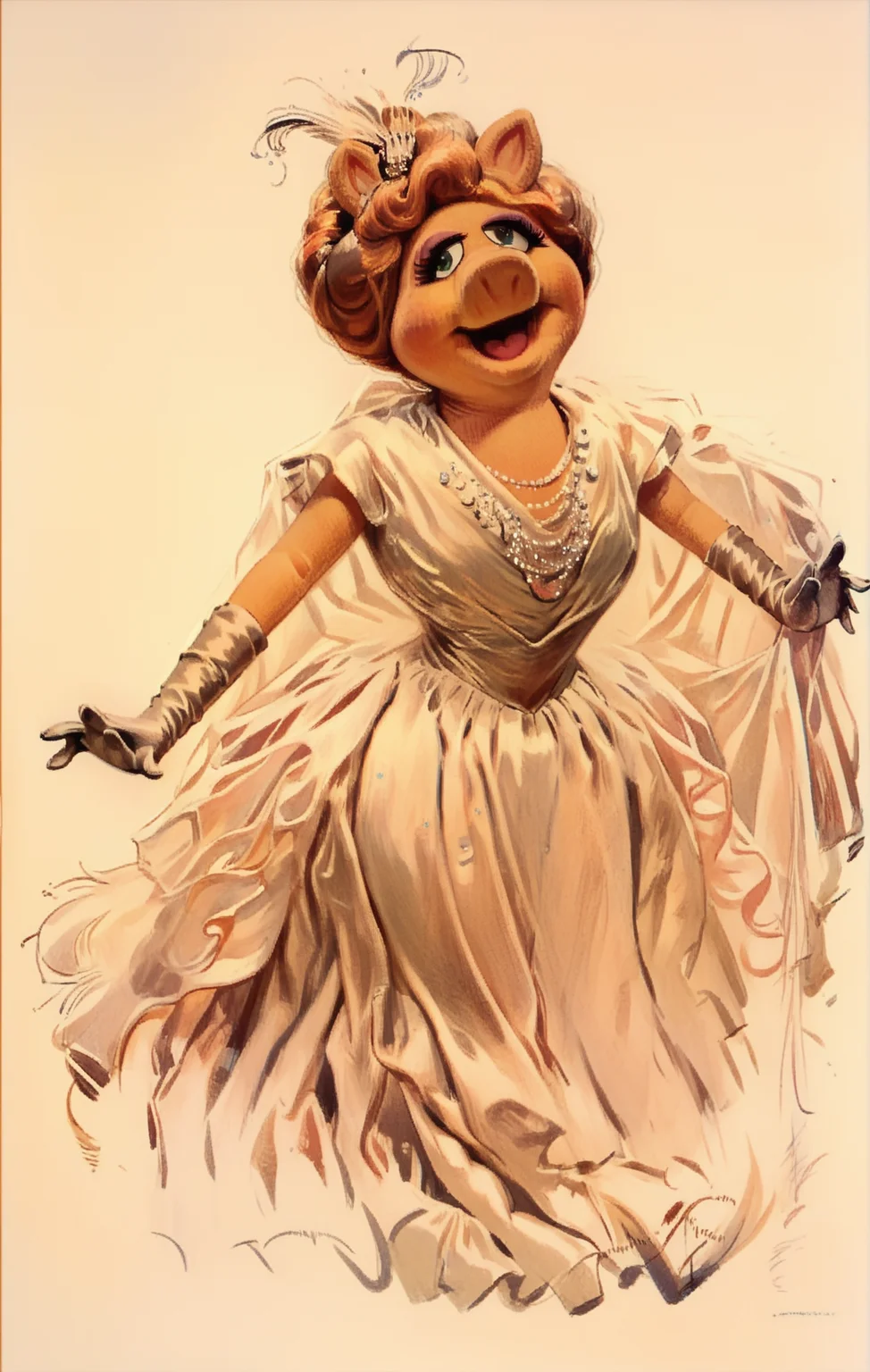 <lora:harrison-fisher_pony_v2:1> 'untitled' by fisher harrison in 1234, , kitsch \(genre\),design \(genre\), <lora:Miss_Piggy_Pony:1>  gloves, miss piggy is dancing in a ballroom wearing a white long dress, score_9, score_6_up, score_7_up