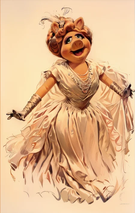 <lora:harrison-fisher_pony_v2:1> 'untitled' by fisher harrison in 1234, , kitsch \(genre\),design \(genre\), <lora:Miss_Piggy_Pony:1>  gloves, miss piggy is dancing in a ballroom wearing a white long dress, score_9, score_6_up, score_7_up