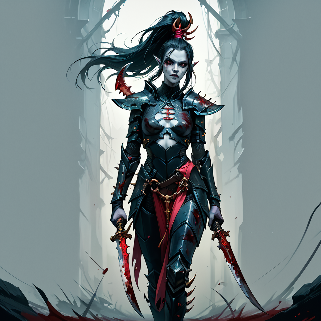 score_9, score_8_up, score_7_up, score_6_up, score_5_up, score_4_up, source_anime, <lora:aeldari_Pony_2:1> aeldari, drukhari, standart drukhari, full black drukhari's armor, 1girl, armor, blood, colored_skin, dagger, holding_sword, holding_weapon, jewelry, long_hair, pointy_ears, sword, weapon, pale skin, ((black armor))
