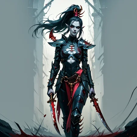 score_9, score_8_up, score_7_up, score_6_up, score_5_up, score_4_up, source_anime, <lora:aeldari_Pony_2:1> aeldari, drukhari, standart drukhari, full black drukhari's armor, 1girl, armor, blood, colored_skin, dagger, holding_sword, holding_weapon, jewelry, long_hair, pointy_ears, sword, weapon, pale skin, ((black armor))