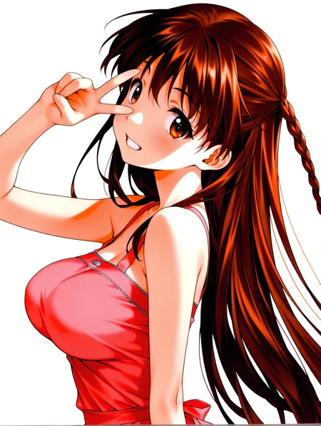 masterpiece,best quality,newest,
1girl,solo,<lora:n_sumika_ilxl_v1:1>,n_kasumi,brown hair,brown eyes,k_clothes,pink dress,
<lora:Fixhands_anime_bdsqlsz_V1:1>,looking_at_viewer,white_background,simple_background,upper_body,grin,v over eye,profile,big breasts,20 years old,