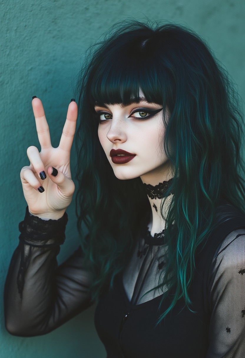 FictionalPoison, goth girl with dark green hair. Doing a peace sign and smiling at the viewer