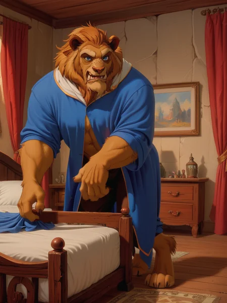 score_9, score_8_up, score_7_up, score_8, 
thebeast ,  solo, blue eyes, 1boy, animal ears, male focus, curtains, furry,  furry male, lion boy, bed room
<lora:beautyb_pony_v1:0.8>