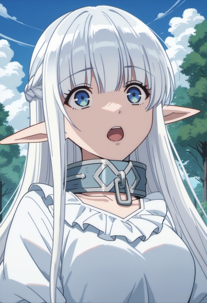 score_9, score_8_up, score_7_up, source_anime, nephelia, long hair, pointy ears, elf, white hair, blue eyes, 1girl, solo, anime coloring, sky, metal collar, outdoors, collar, cloud, open mouth, day, tree, blue sky