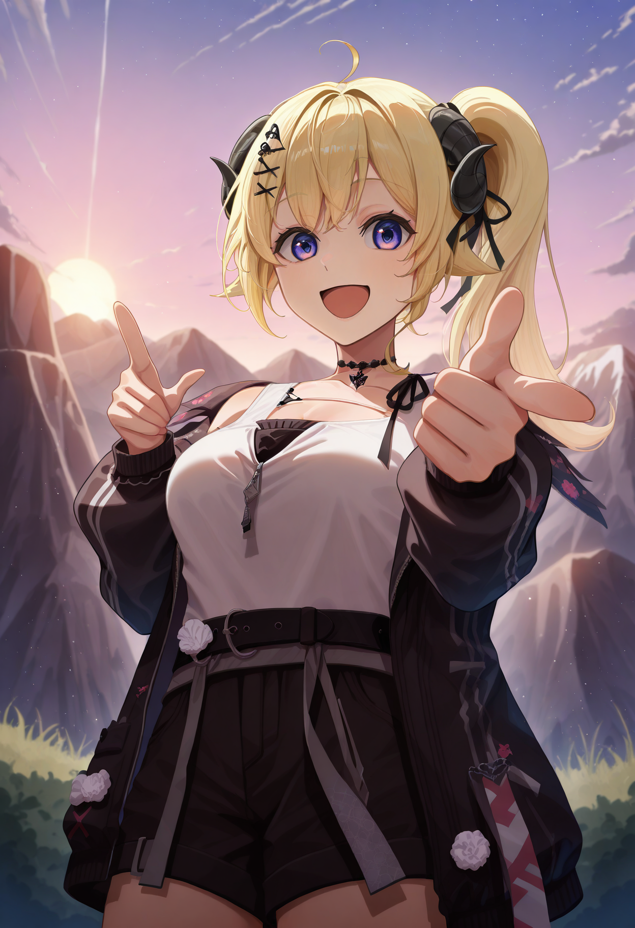 masterpiece, best quality, anime, 1girl, solo, Wtm4thConcert, horns, blonde hair, purple eyes, long hair, side ponytail, hair ribbon, x hair ornament, black choker, white tank top, zipper, black jacket, open jacket, black belt, black shorts, thigh strap, finger gun, pointing at viewer, smile, outdoors, mountain, sun, :d, <lora:ChamTsunomakiWatameIllustriousXL:1>, <lora:ChamIllustriousBackgroundEnhancer:1>