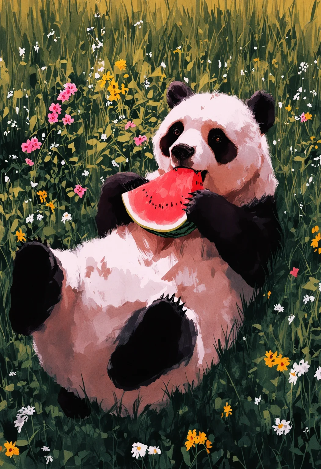 96yottea, masterpiece, best quality, good quality, very aesthetic, absurdres, newest, solo, holding, flower, outdoors, lying, day, on back, no humans, leaf, eating, holding food, white flower, grass, pink flower, yellow flower, animal focus, holding fruit, watermelon, bear, on grass, panda, watermelon slice, Watercolor <lora:96_chadmix_vpred10_1a.safetensors:1.0>,