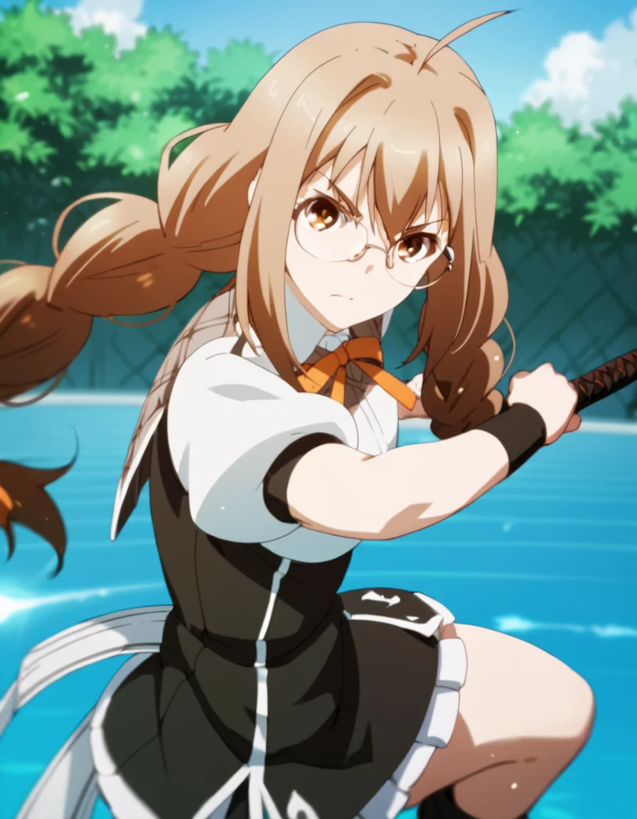 score_9, score_8_up, score_7_up, score_6_up, score_5_up, score_4_up, source_anime, Touka, long hair, brown hair, brown eyes, ahoge, glasses, twin braids, , action pose, sword, uniform