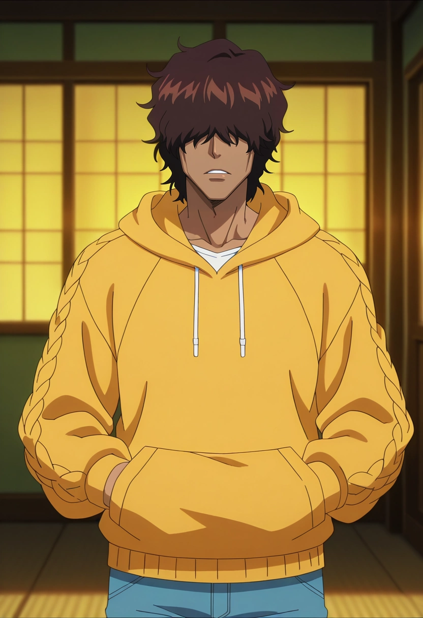 masterpiece, best quality, , anime screencap, , , , , 1boy, solo, male focus, <lora:yasutora_sado_ilxl:1>, yasutora_sado, brown hair, brown eyes, short hair, dark-skinned male, dark skin, , hair over eyes, , Quilted joggers, Fair Isle Henley hoodie, , ,