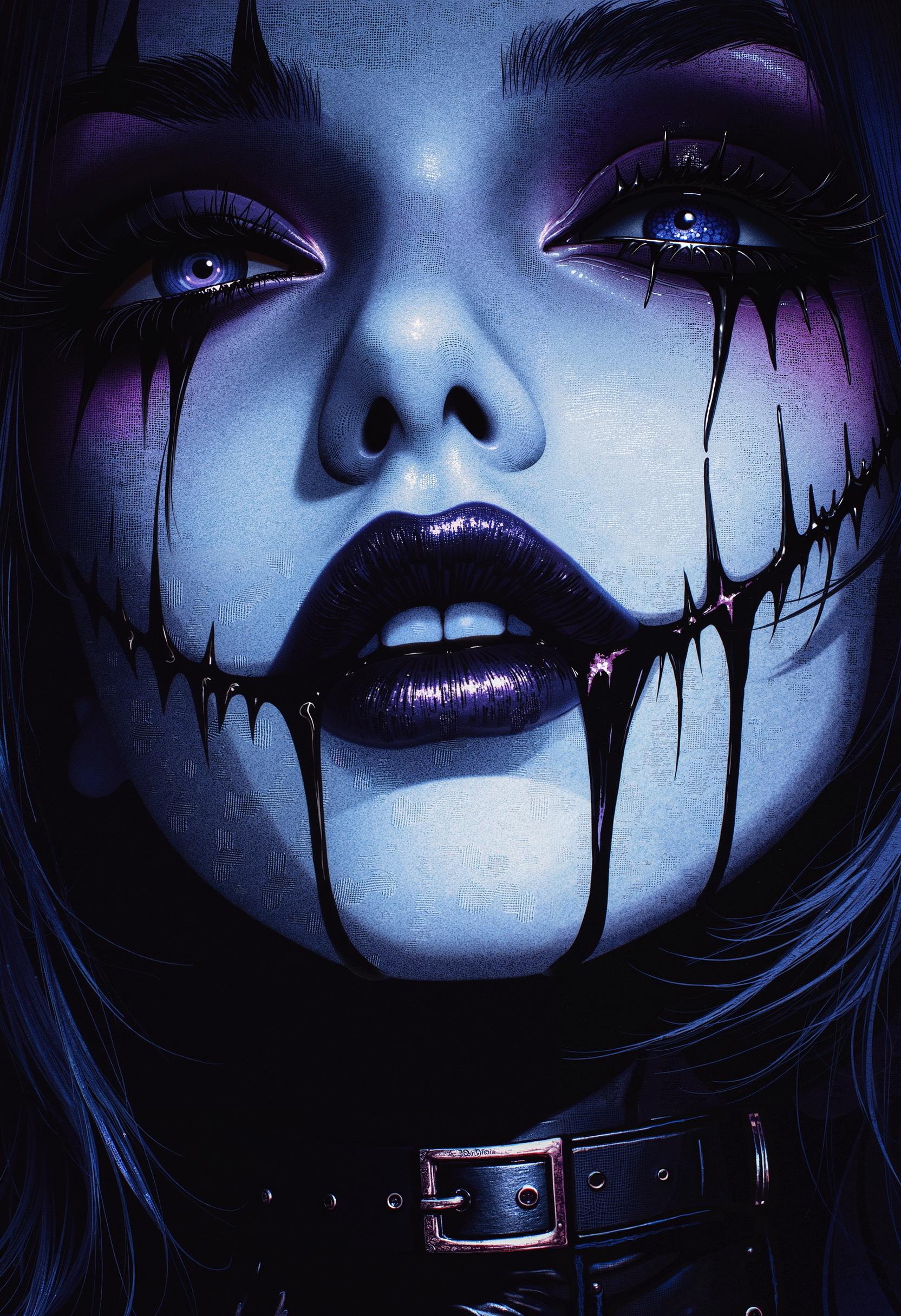bo-chromatic, a close-up illustration of a woman with dark makeup and striking features, showcasing a vampire theme<lora:bo-chromatic-000017.safetensors:1.0:1.0>
