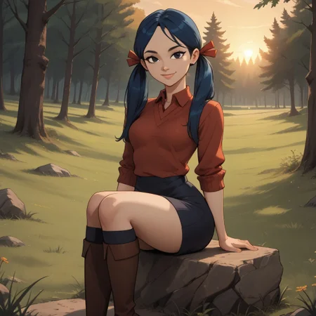 score_9, score_8, BREAK, solo, red sweater, 1girl, collared shirt, black skirt, knee socks, high heel boots, navy blue hair, black eyes, lips, twintails, breasts, total drama, Kitty_(Total_Drama), tdtrr, cute, sexy pose, smile, outdoors, sunlight, shadows, evening lighting, natural lighting, forest, trees, grass, orange sky, sunset