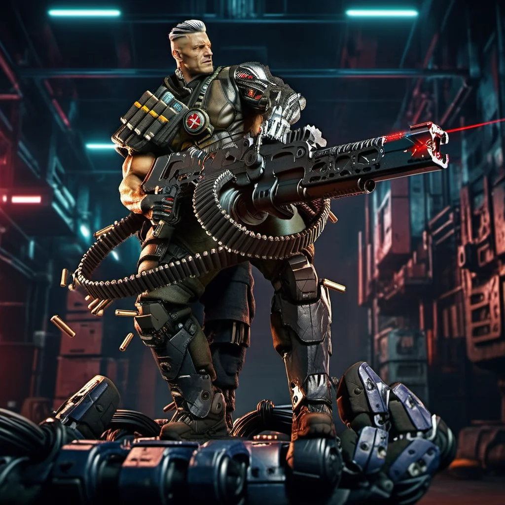 Cable1024, a man with a robotic arm, full body, shooting a machinegun, rage, powerfull, cyberpunk background, highly detailed, photography, ultra sharp, film, bokeh, professional, 64k   <lora:Cable1024:0.8>