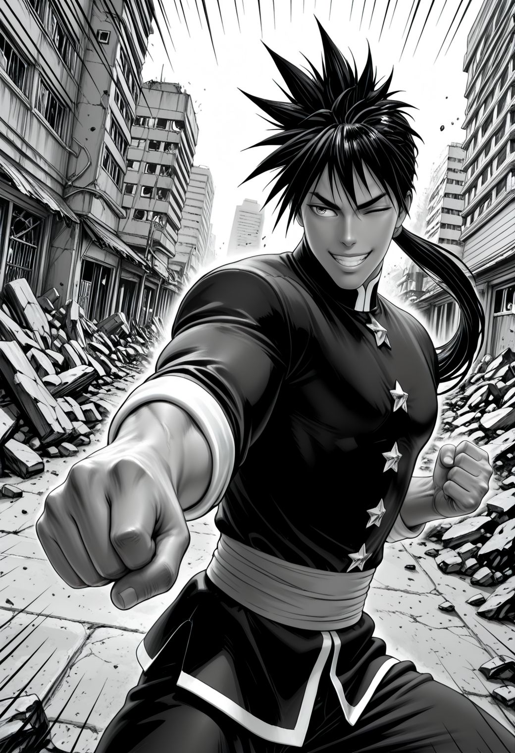 SmoothNoob_Quality, (Murata Yuusuke:1.3), manga style, greyscale, 1boy, opm_suiryu, muscular male, gakuran, rubble, grin, ponytail, martial arts, debris, fighting stance, emphasis lines, cowboy shot, building, destruction, street, foreshortening,​​​ dynamic angle, one eye closed, chenched hand,<lora:Suiryu_R2:1>