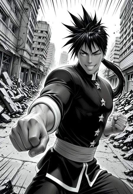 SmoothNoob_Quality, (Murata Yuusuke:1.3), manga style, greyscale, 1boy, opm_suiryu, muscular male, gakuran, rubble, grin, ponytail, martial arts, debris, fighting stance, emphasis lines, cowboy shot, building, destruction, street, foreshortening, dynamic angle, one eye closed, chenched hand,<lora:Suiryu_R2:1>