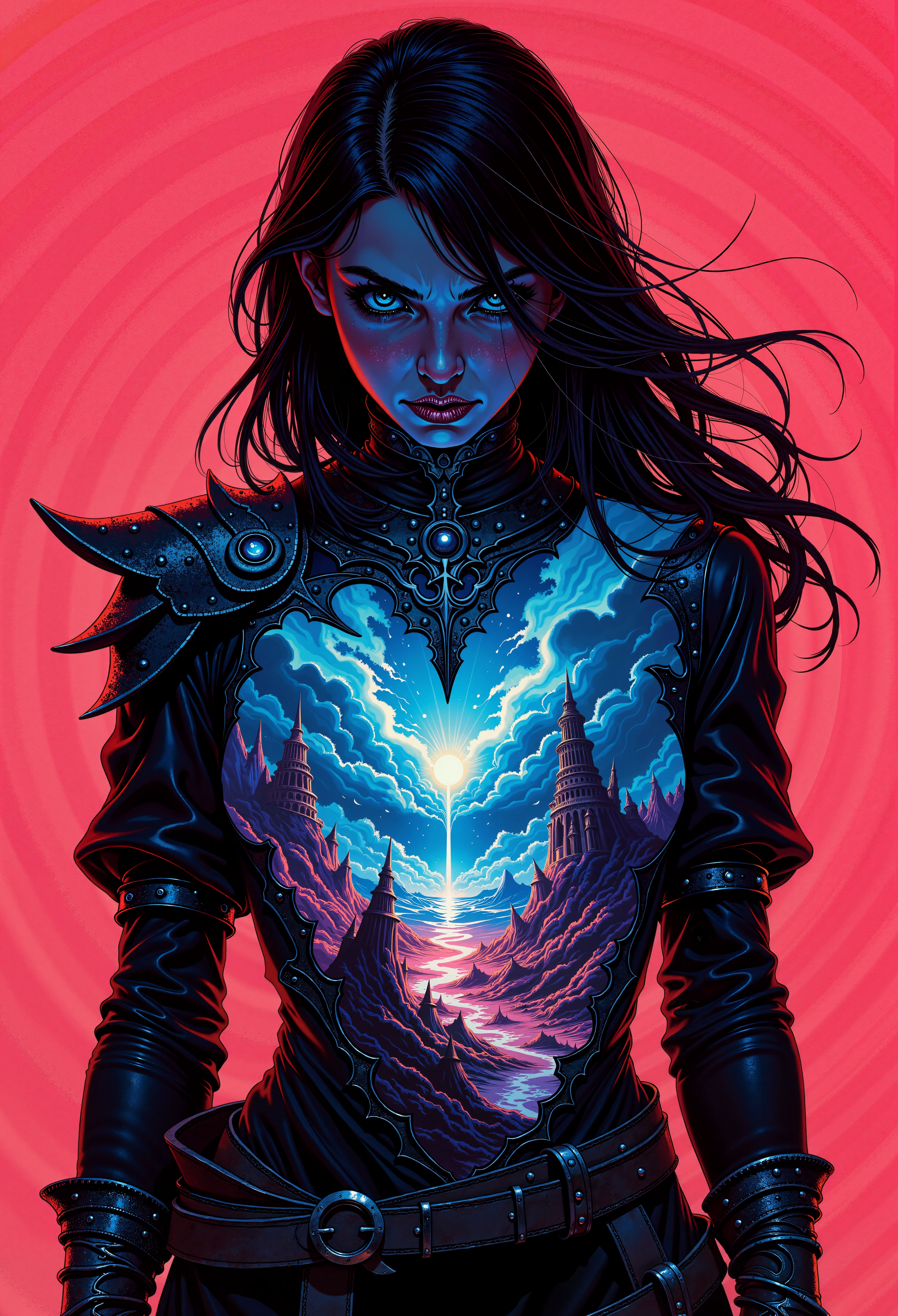 A hauntingly hyperrealistic analog photo of a horror anime-style character portrait, set against a solid puce-colored background that evokes a sense of unease. The character stands menacingly, their long, flowing hair blown back as if by an unseen force, their tattered, otherworldly clothing clinging to their form. Their silhouette is filled with an intricate, highly detailed landscape of twisted, alien worldsâtowering forests with bioluminescent plants, crumbling cityscapes overgrown with vines, and vast, alien seas that shimmer with an eerie glow. The contrast between the dark, mysterious figure and the vibrant, alien world within their form creates a surreal, unsettling image. The lighting is dramatic, with sharp shadows and glowing highlights that emphasize the horror and otherworldliness of the scene. The overall composition is bold, with vibrant colors and meticulous attention to detail, capturing a moment of intense, atmospheric horror., a fashion photo of, in the style of alessio-albi, Special Ink-drawing mode, intricate linework with expressive contrasts, soft lighting with dynamic highlights, WLOP in the style of ckpf,.,hyperrealistic, horror, anime style, character portrait, solid puce color background, intricate detailed landscape, alien world, bioluminescent forests, decaying cityscapes, alien seas, glowing highlights, sharp shadows, dramatic lighting, vibrant colors, meticulous detail, intense atmosphere, unsettling, surreal, otherworldly, mysterious, tattered clothing, long flowing hair, menacing stance, analog photo, bold, a fashion photo of, in the style of alessio-albi, Special Ink-drawing mode, intricate linework with expressive contrasts, soft lighting with dynamic highlights, WLOP in the style of ckpf,.,<lora:alessio-albi-flux1-dev-v1-000090:0.442> a fashion photo of, in the style of alessio-albi,<lora:FLUX_anime_Special Ink-drawing mode_merge_24_medium_3_00001_:0.212> Special Ink-drawing mode, intricate linework with expressive contrasts, soft lighting with dynamic highlights, WLOP<lora:zy_Dark_Fantasy_Flux:0.291><lora:ck-painterly-fantasy-000017:0.358> in the style of ckpf