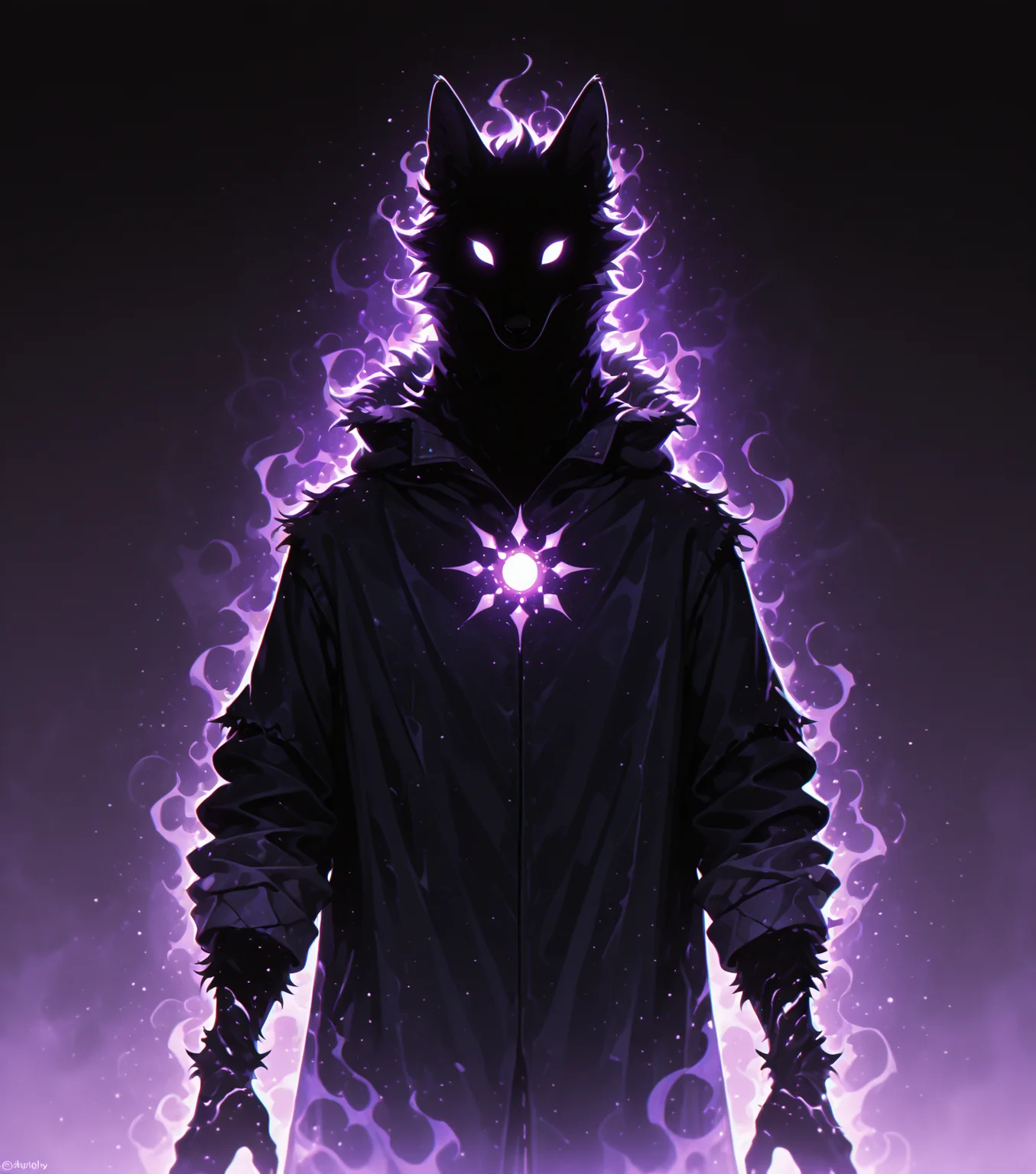 <lora:Shadows_v2_Buns:0.65> sh4d0w, purple aura, glowing, solo, Beastmaster, wearing Rugged outdoor clothing, accompanied by various animals, masterpiece, best quality, amazing quality