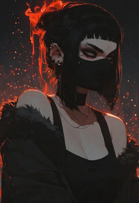 score_9, score_8_up, score_8_up, 1girl, depth of field, raw, intimate shot, (goth girl, face mask, ski mask, open jacket, off shoulder), nsfw, pierced nipples, ((glowing particles, flames)), large perfect breasts, (holding a weapon:1.3)