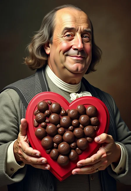 smiling Benjamin Franklin holding a box of chocolates in the shape of a big heart