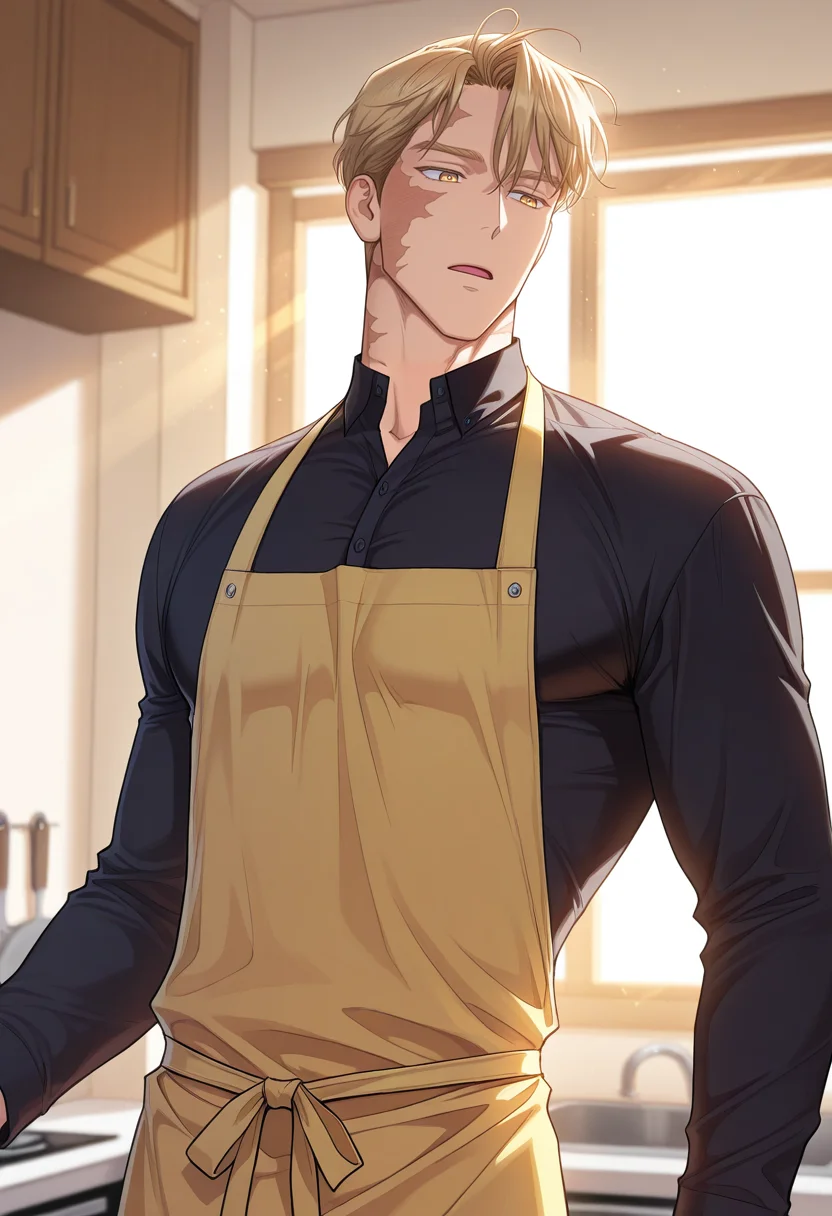 masterpiece, best quality, amazing quality,high resolution, intricate details,official style,depth of field , , , 1boy, solo, male focus,  <lora:sung_hyunjae:0.83>,sung hyunjae,golden eyes,bloden hair,short hair, open mouth,shirt,long sleeves, upper body,indoors, apron, black shirt, window, scar,burn scar,kitchen,pectorals,sunlight,from side