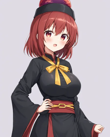 hecatia lapislazuli,1girl, solo, black_dress, wide_sleeves, open_mouth, tabard, looking_at_viewer, sash, long_sleeves, blush, white_background, yellow_ribbon, skirt_hold, hand_on_own_chest, cowboy_shot, cosplay, standing, alternate_hairstyle, chinese_clothes, :d, one-hour_drawing_challenge, medium_breasts, gradient, gradient_background, simple_background, neck_ribbon, black_headwear, polos_crown, large_breasts
<lora:hecatia_lapislazuli_image2747_2023-12-20:1>,star-shaped_pupils,symbol-shaped_pupils,. gorgeous,key visual, vibrant, studio anime,award-winning, professional, highly detailed,high budget, cinemascope