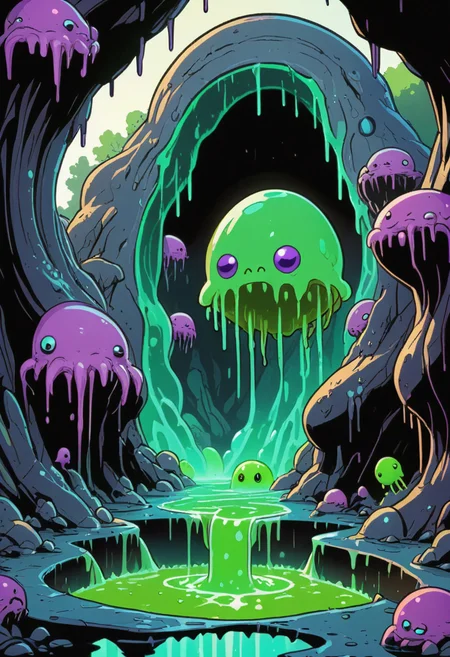 A backyard adventure where kids discover a portal to a slime-covered alternate dimension complete with blobby slime creatures and neon slime rivers <lora:Everly_Heights_Comics:1>
