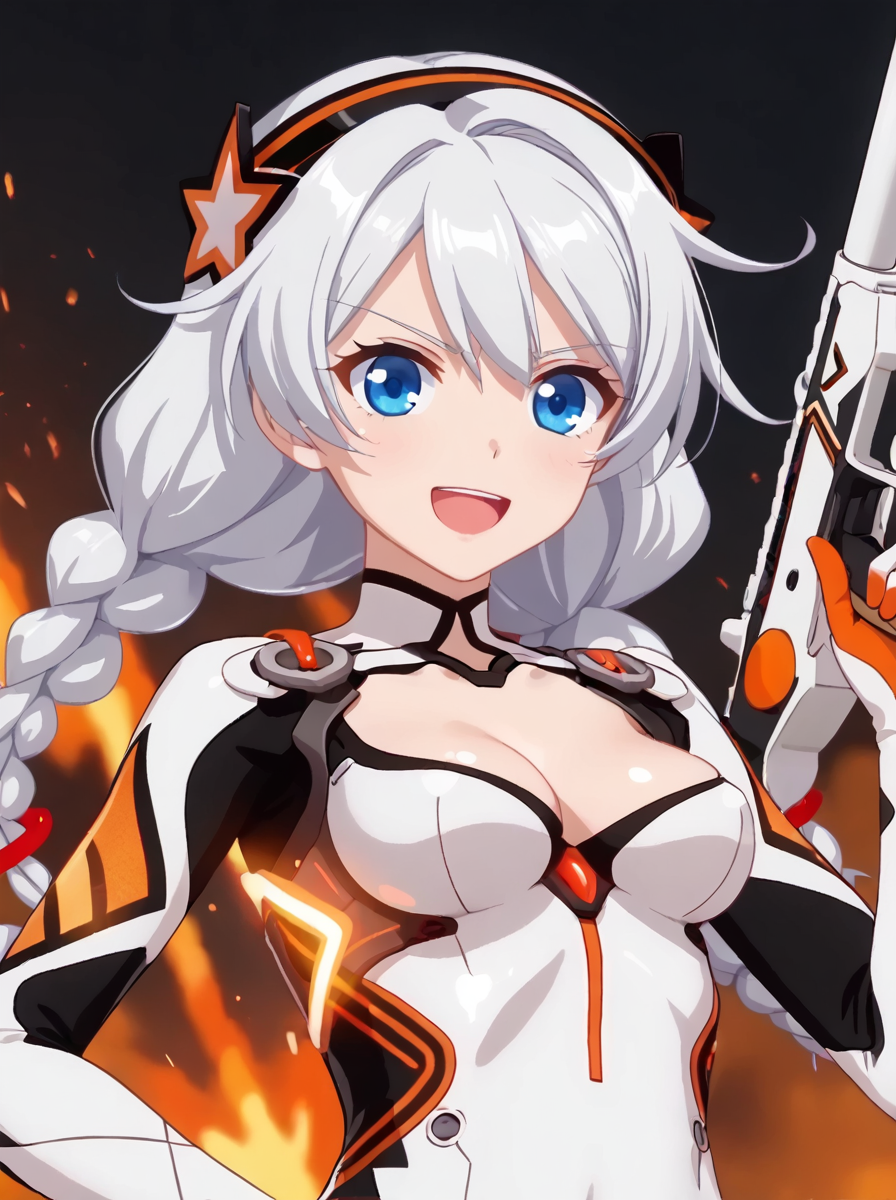 detailed background, shiny skin, posing,
<lora:hikiana.pony:1.0>,
hikiana,
large beasts, 
upper body, 
holding weapon, machine gun, 
manacing laugh, gun fire, explosion,