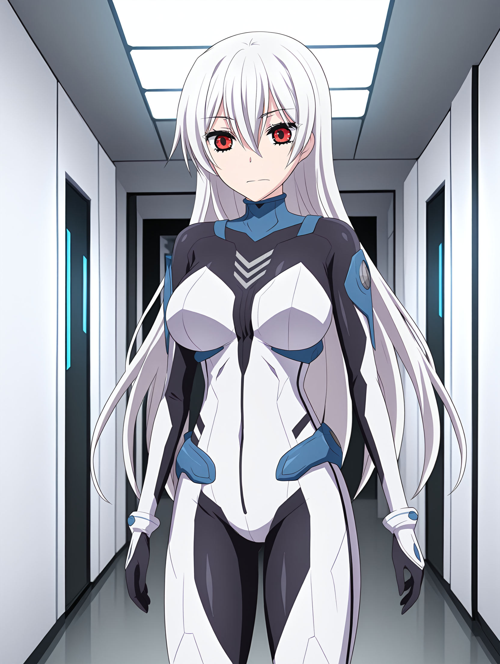 <lora:And_the_Hero_was_never_seen_again_Style_Illustrious:1> heroneverseenagain,
 <lora:Haruka_Kuramori_Public_Defense_Force_-_Illustrious:0.65> haruka kuramori, white hair, red eyes, bodysuit, 
bodysuit, 
cowboy shot, 
1girl,solo,
standing, inside, science fiction building, white walls,