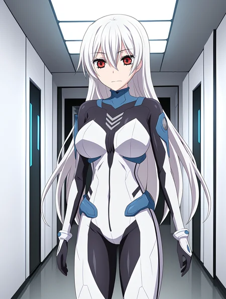 <lora:And_the_Hero_was_never_seen_again_Style_Illustrious:1> heroneverseenagain,
 <lora:Haruka_Kuramori_Public_Defense_Force_-_Illustrious:0.65> haruka kuramori, white hair, red eyes, bodysuit, 
bodysuit, 
cowboy shot, 
1girl,solo,
standing, inside, science fiction building, white walls,