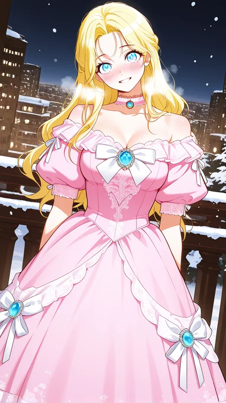 masterpiece,best quality,amazing quality, newest, high res, clean lines, thick lines
1girl, solo, il_elena, blue eyes, blonde hair, long hair, medium breasts, pink dress, off shoulders, puffy sleeves, short sleeves, frills, white ribbon, dress ornament, victorian choker, pink lace, elegant, blue gem
masterpiece, best quality, amazing quality, 1girl, solo, standing, light smile, teeth, hands in pockets, head tilt, blush, heavy breathing, dutch angle,  Night, city, winter, snow,