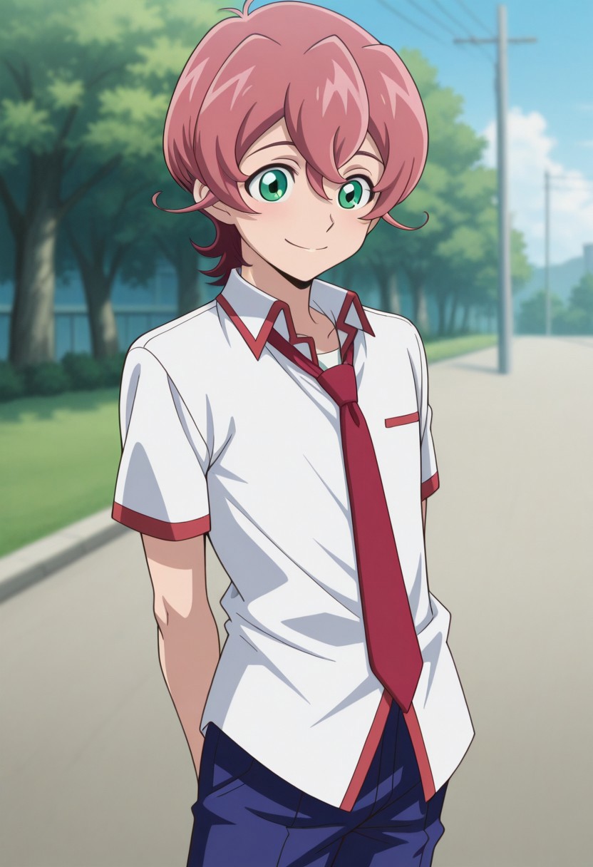masterpiece,best quality,amazing quality, source_anime, 
MichArclight, 1boy, male focus, solo, green eyes, pink hair, school uniform, shirt, white shirt, collared shirt, necktie, red necktie, short sleeves, blue pants, outdoor, hands behind back,  smile,
