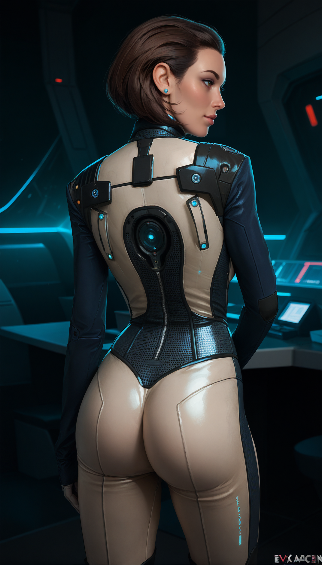 score_9, score_8_up, score_7_up,
evacorepdxl, woman, futuristic, suit, brunette, rear shot, <lora:EvaCore-09:1>