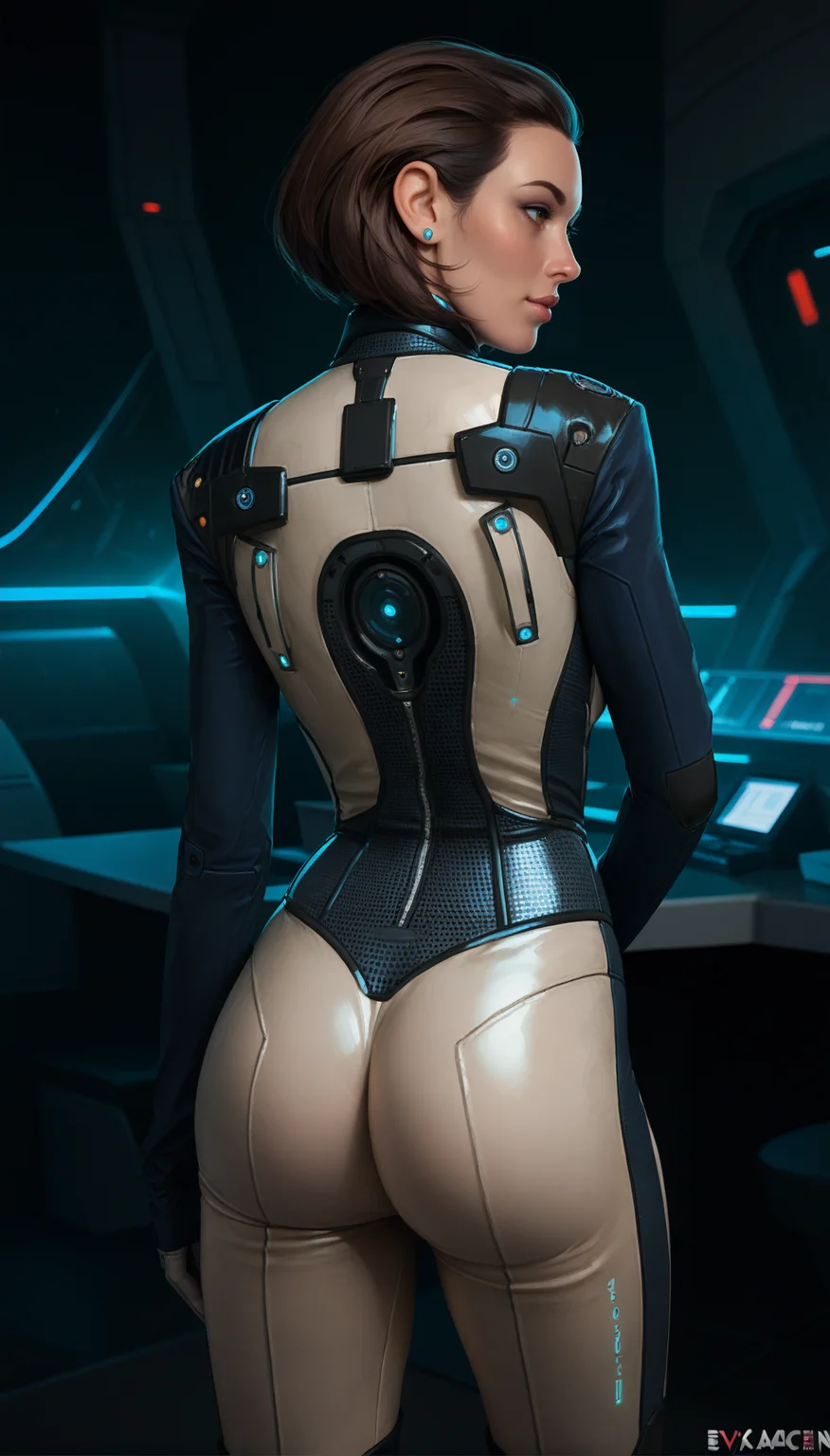 score_9, score_8_up, score_7_up,
evacorepdxl, woman, futuristic, suit, brunette, rear shot, <lora:EvaCore-09:1>