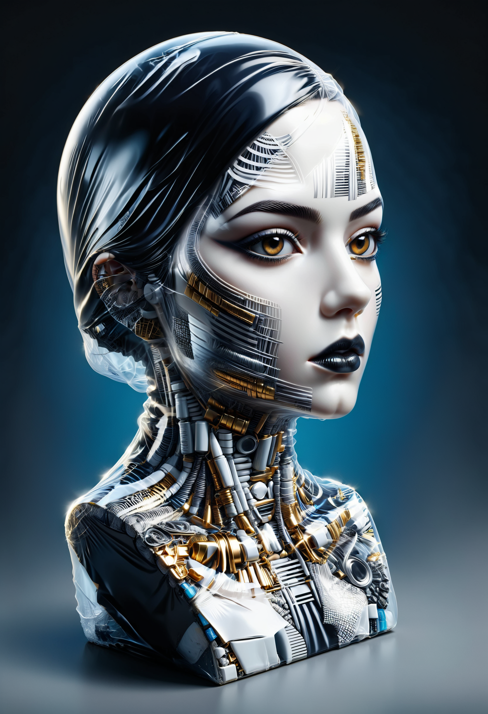 digital art of a bust patterned with black and white stripes with chrome reflections, gold eyes and lips accents, quantum wavetracing and voxel geometry influences, strong industrial urban influences BREAK light silver and dark blue background, selective focus <lora:dvr-trsh:0.8> dvr-trsh  <lora:ral-shrnkwrp-sdxl:1> ral-shrnkwrp