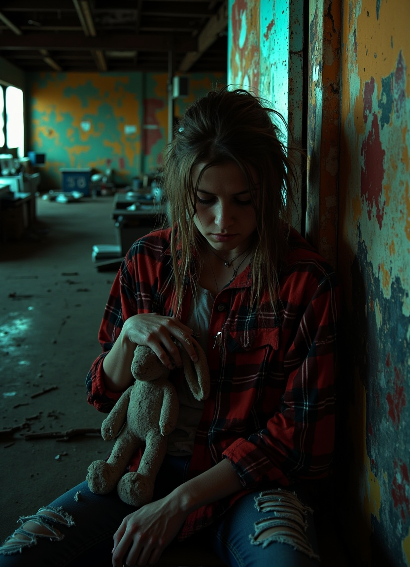 neon noir She is seated in an abandoned warehouse with peeling paint and cracked concrete floors. The lighting is dim, casting shadows on the walls and creating a somber mood. Her long hair is pulled back from her face in a messy bun. She wears ripped jeans and a plaid flannel shirt that has been washed so many times it is faded almost beyond recognition. In her hand, she holds a dirty stuffed rabbit with matted fur and torn ears. The room around her is sparse, with only a few pieces of furniture, mostly worn and broken.
This image captures a moment in time that seems to be frozen in history. A life lived hard and full of struggle. The young woman appears exhausted, as if she has been through too much to even attempt to smile. Her posture is slumped, her shoulders hunched forward in defeat. The dirty stuff bunny in her hand looks like it belongs more on the floor than in her lap.
The image has a dark and moody feel to it, with shadows casting long shapes on the wall behind her. The lighting is low and warm, giving everything a glow that seems to emanate from within. The subject matter itself is somber, but the composition, lighting, and artistic style create a cohesive image that is both haunting and beautiful.
This final prompt has been created using the combined elements of mood, lighting, composition, color palette, depth of field, texture, and material. The result is an image that retains all of the technical qualities of the original source while creating something new and aesthetically pleasing. . cyberpunk, dark, rainy streets, neon signs, high contrast, low light, vibrant, highly detailed