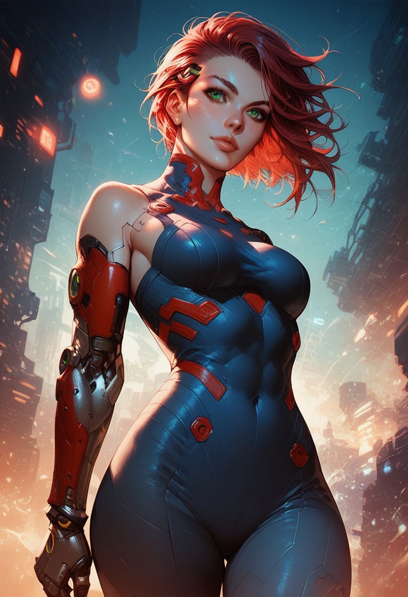 score_9, score_8_up, score_7_up, score_6_up, rating_questionable, 1girl, Jane, JaneRH, short red hair, swept hair, fit, medium breasts, green eyes, beautiful lips, pefect ass, HD32k,  cyberpunk, anime, cyberpunk scenario, armor, red tint, futuristic, front view, cowboy shot, perspective, detailed background, warpaint, prosthetic arm, sexy look